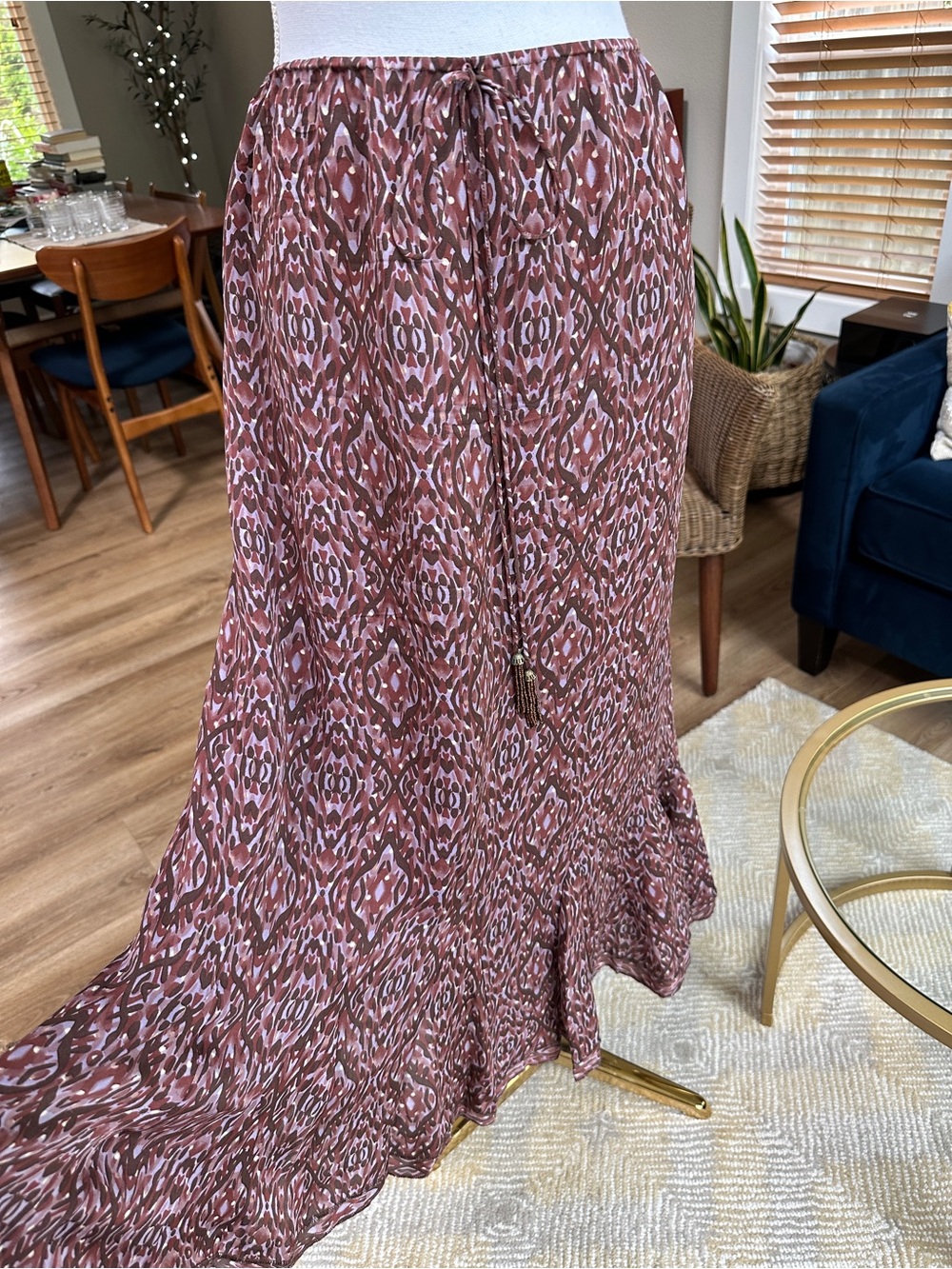 Vintage silk Bohemian Pink Brown Printed Maxi Skirt